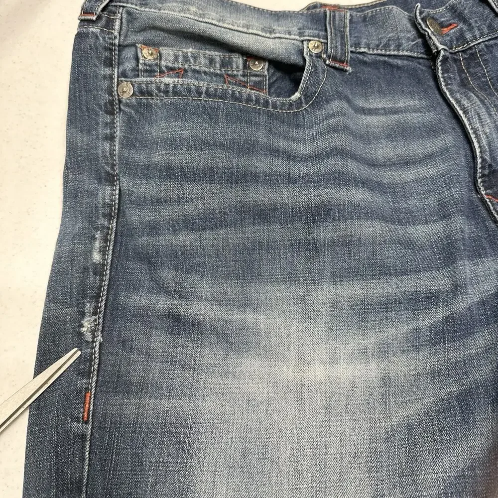 True Religion Jeans Mens 40x34 Section Straight Leg Blue Denim Distressed *Flaw